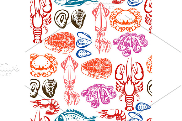 Seamless Pattern With Various Seafood Illustration Of Fish Shellfish And Crustaceans