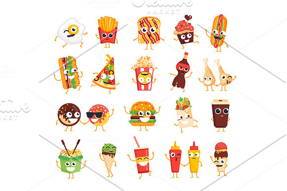 20 Fast Food Characters Set in Icons