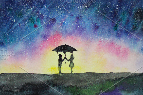 Star Rain And Couple Watercolor