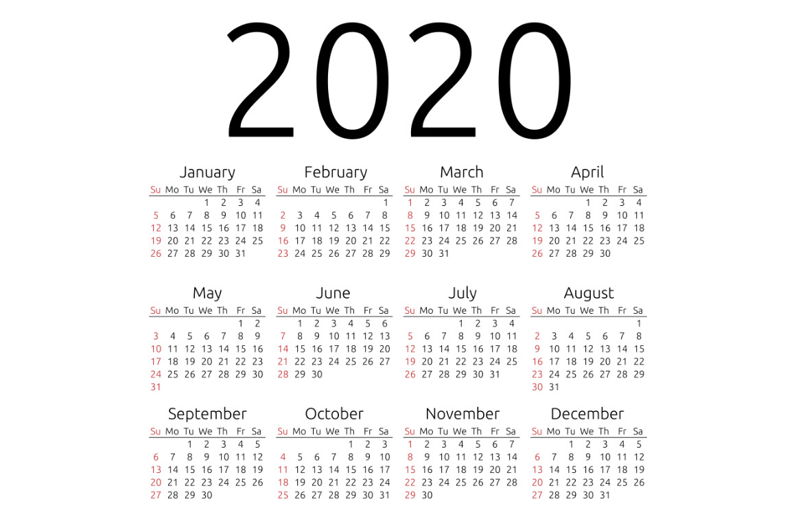 Vector calendar 2020, Sunday Stationery Templates
