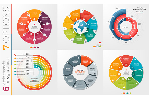 Collection of 6 vector circle chart templates 7 options. in Presentation Templates