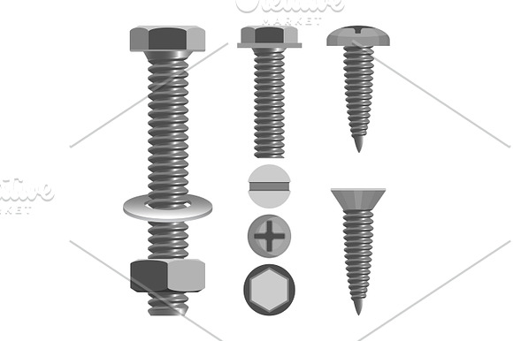 Bolts And Nuts With Different Screw Heads Types Realistic Vector Illustration