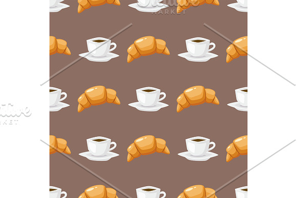 Coffee And Croissant Seamless Pattern Brown Caffeine Breakfast Morning Sweet Drink Vector Illustration