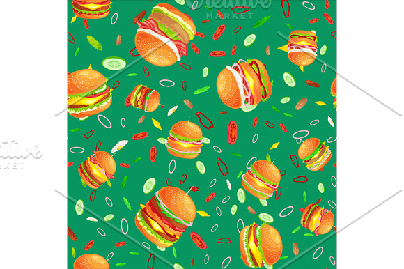 Seamless Pattern Tasty Burger Grilled Beef And Fresh Vegetables Dressed With Sauce Bun For Snack American Hamburger Fast Food Tomato Cheese Vecor Illustration Background