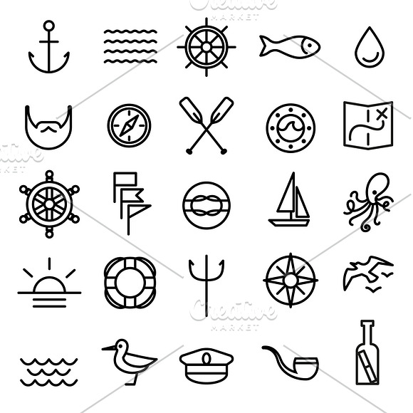 Nautical And Sea Line Icons Set