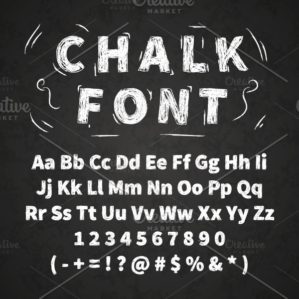 set of retro hand drawn alphabet letters drawing with white chalk on black chalkboard