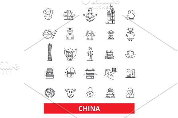 China And Chinese Oriental East Nation Culture Beijing Great Wall Line Icons Editable Strokes Flat Design Vector Illustration Symbol Concept Linear Signs Isolated On White Background
