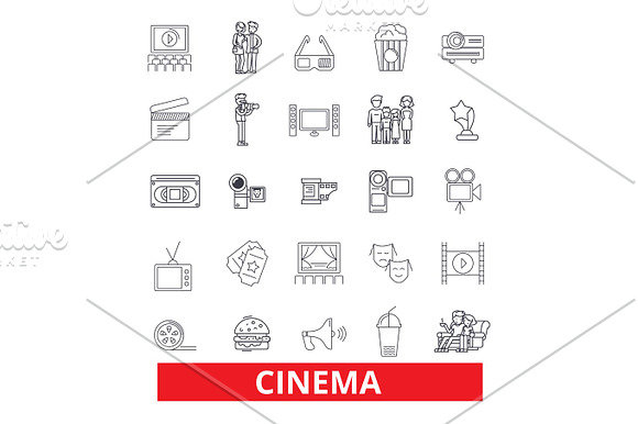 Cinema Film Movie Theatre Entertainment Cinematography Industry Festival Line Icons Editable Strokes Flat Design Vector Illustration Symbol Concept Linear Signs Isolated On White Background