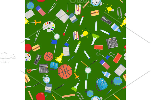 Different School Objects In Good Seamless Pattern Flat Vector Illustration Background