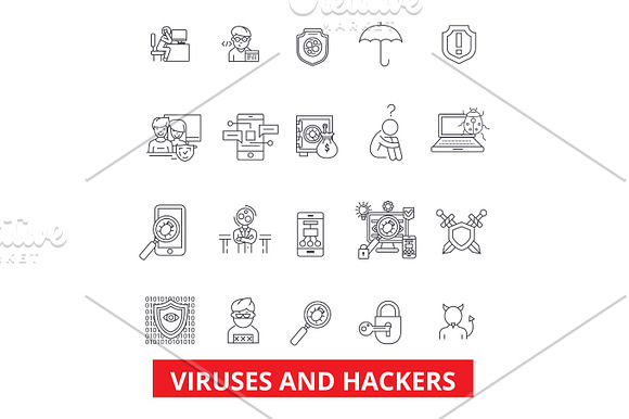 Viruses And Hackers Hacking Security Cyber Crime Malware Spyware Line Icons Editable Strokes Flat Design Vector Illustration Symbol Concept Linear Signs Isolated On White Background