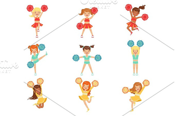 Primary School Little Girls In Cheerleaders Uniform Cheering And Cheerleading With Pompoms Set Of Happy Kids Cartoon Characters