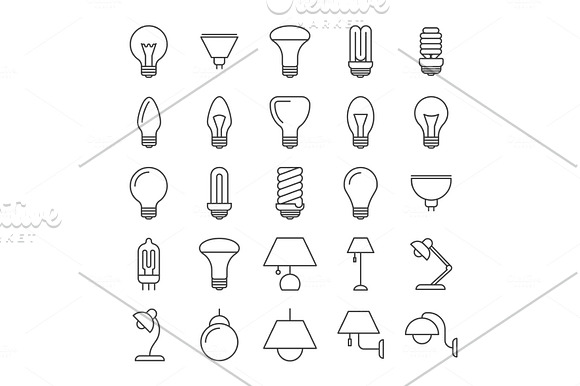 Lamp And Light Bulbs Line Icons Collection
