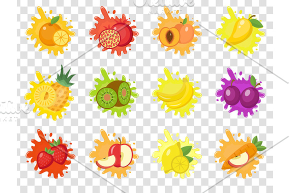 Fruits Splash Set Of Labels Fruit Splashes Drops Emblem.Isolated On A Transparent Background Splash And Blot Kit Vector Illustration