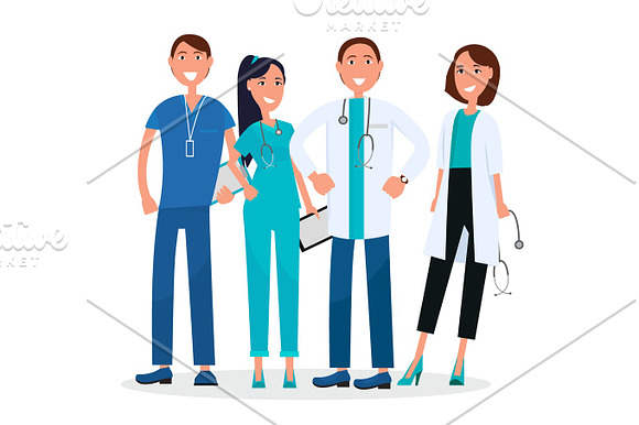 Four Medical Workers Standing And Smiling Graphic