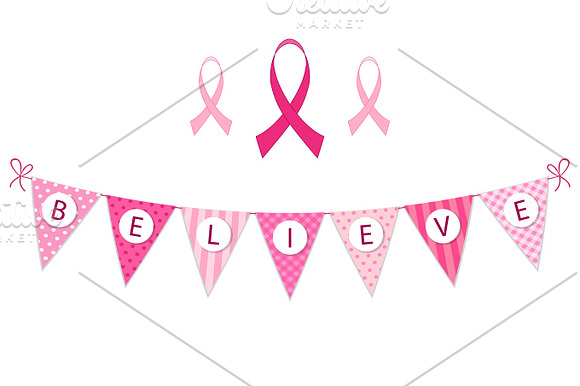 Pink Bunting Breast Cancer Awareness And Pink Ribbons Isolated On White Background