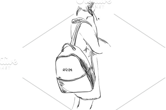 Sketch Of Schoolgirl With Backpack From Back