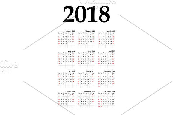 Calendar 2018 Year Vertical