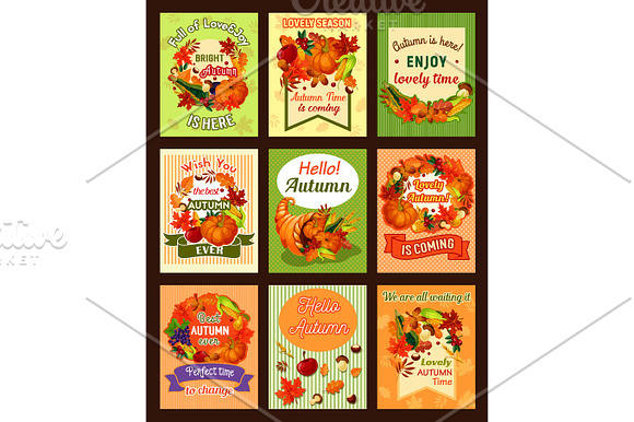 Autumn Leaf And Fall Harvest Retro Poster Set