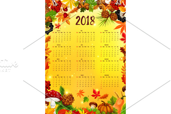 2018 Calendar Template With Autumn Leaf Frame