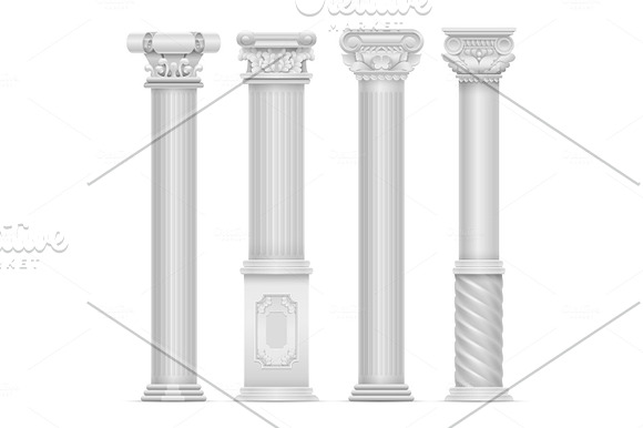 Realistic White Antique Roman Column Vector Set Building Stone Columns