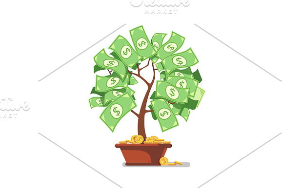 Growing Money Tree Green Cash Banknotes And Coins