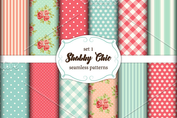 Set Of 12 Cute Seamless Shabby Chic Patterns With Roses Polka Dots Stripes And Plaid