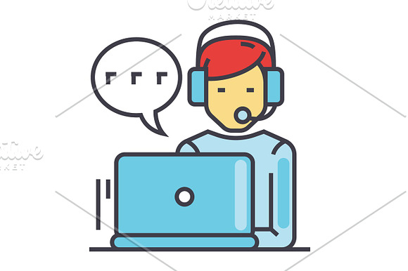 Support Customer Service Man With Computer And Headset Client Chat Concept Line Vector Icon Editable Stroke Flat Linear Illustration Isolated On White Background