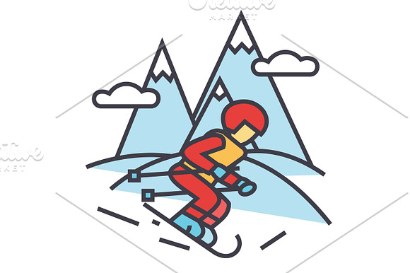 Winter Travel Skier Skiing In High Mountains Concept Line Vector Icon Editable Stroke Flat Linear Illustration Isolated On White Background