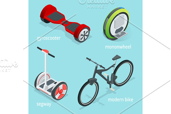 Isometric Vector Set Of Alternative Eco Transport Isolated On A Blue Background Segway Monowheel Or Solowheel Hoverboard Or Gyroscooter Self-balancing Electric Scooter