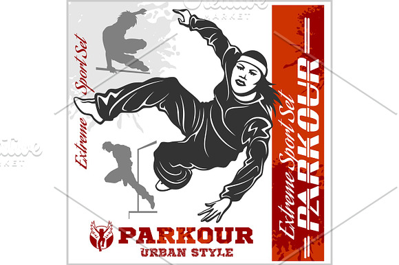 Girl Parkour Is Jumping Illustration And Emblem Set Of Vector Images