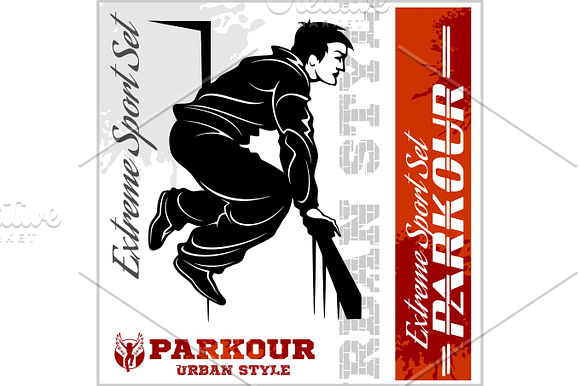 Boy Parkour Is Jumping Illustration And Emblem Set Of Vector Images