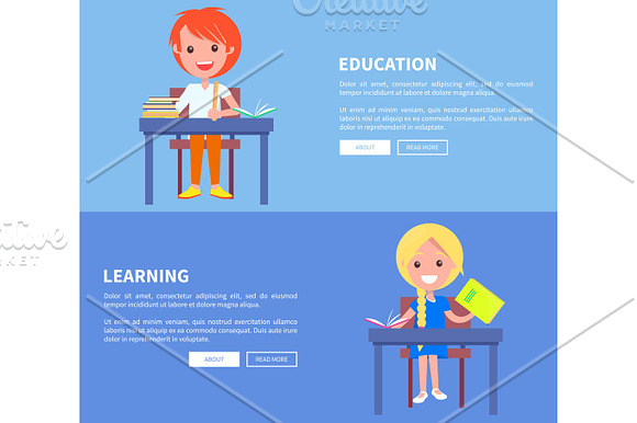 Education Learning Set Of Poster With Boy And Girl