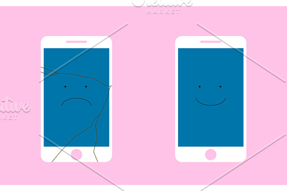 Broken Screen Phone With A Sad Smile And The Whole Phone Is Smiling Flat Vector Illustration