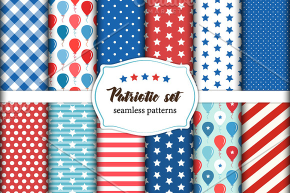 Cute Set Of American Patriotic Red White And Blue Geometric Seamless Patterns With Stars