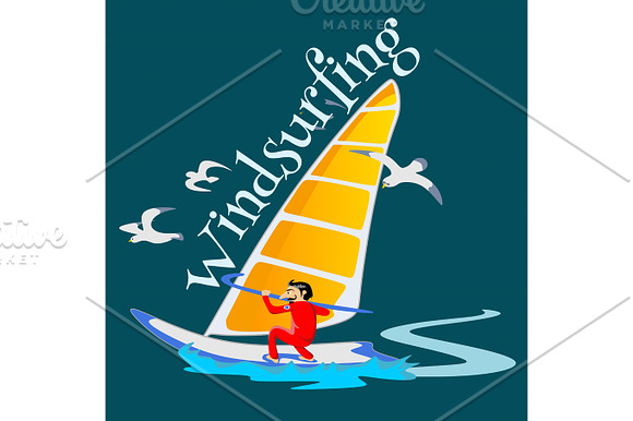 Windsurfing Water Extreme Sports Isolated Design Element For Summer Vacation Activity Concept Cartoon Wave Surfing Sea Beach Vector Illustration Active Lifestyle Adventure