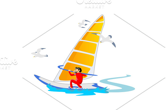 Windsurfing Water Extreme Sports Isolated Design Element For Summer Vacation Activity Concept Cartoon Wave Surfing Sea Beach Vector Illustration Active Lifestyle Adventure