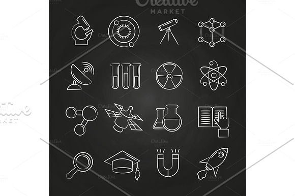 Science Line Icons Set On Chalkboard