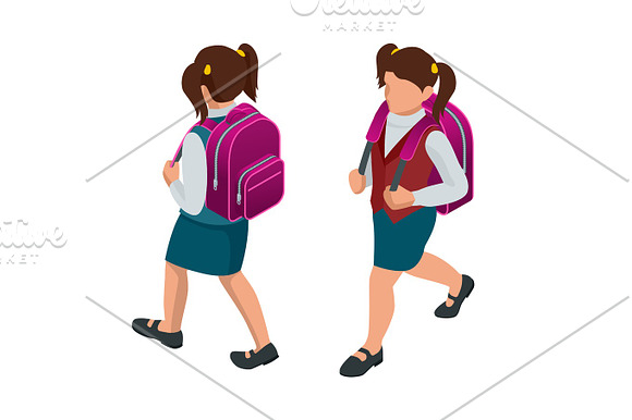 Isometric Girl Back To School Concept A Student In School Uniform Goes To School With A Backpack Education Happy To Study Vector Illustration Used For Workflow Layout Banner Game