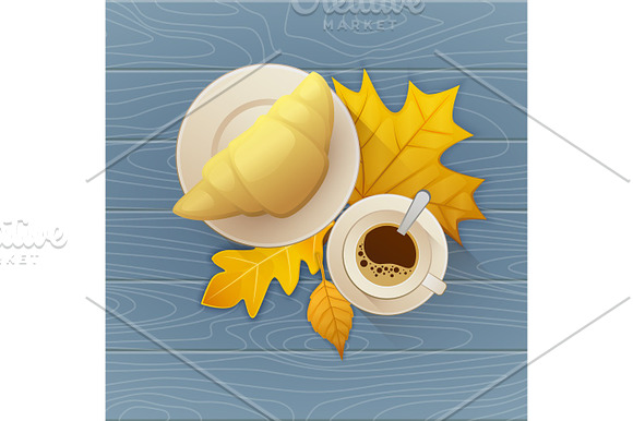 Tasty Buttery Croissant And Cup Of Hot Coffee On Old Wooden Table With Autumn Leaves Vector Flat Illustration