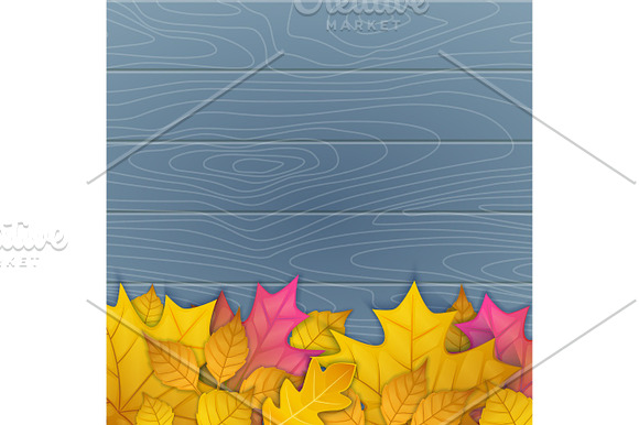 Vector Illustration Of Autumn Leaves On Wooden Blue Background Top View