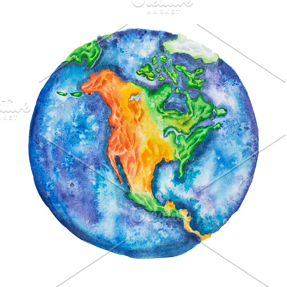 Globe North America On Planet Earth Hand-drawn With Watercolor Technique Isolated On White Background