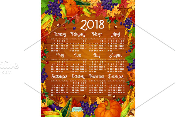 Autumn Calendar 2018 Vector Acorn Leaf Pumpkin