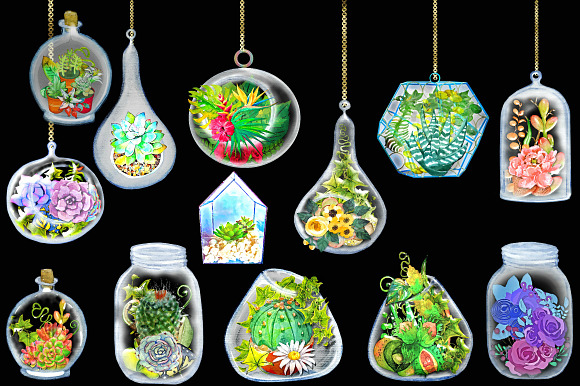 Terrarium Watercolor Plants ClipArt in Illustrations - product preview 1