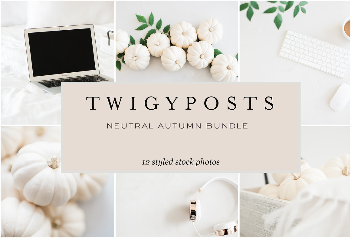Six image collage of various cream colored items with a black image text overlay that reads "Twigyposts neutral autumn bundle 12 styled stock photos". 