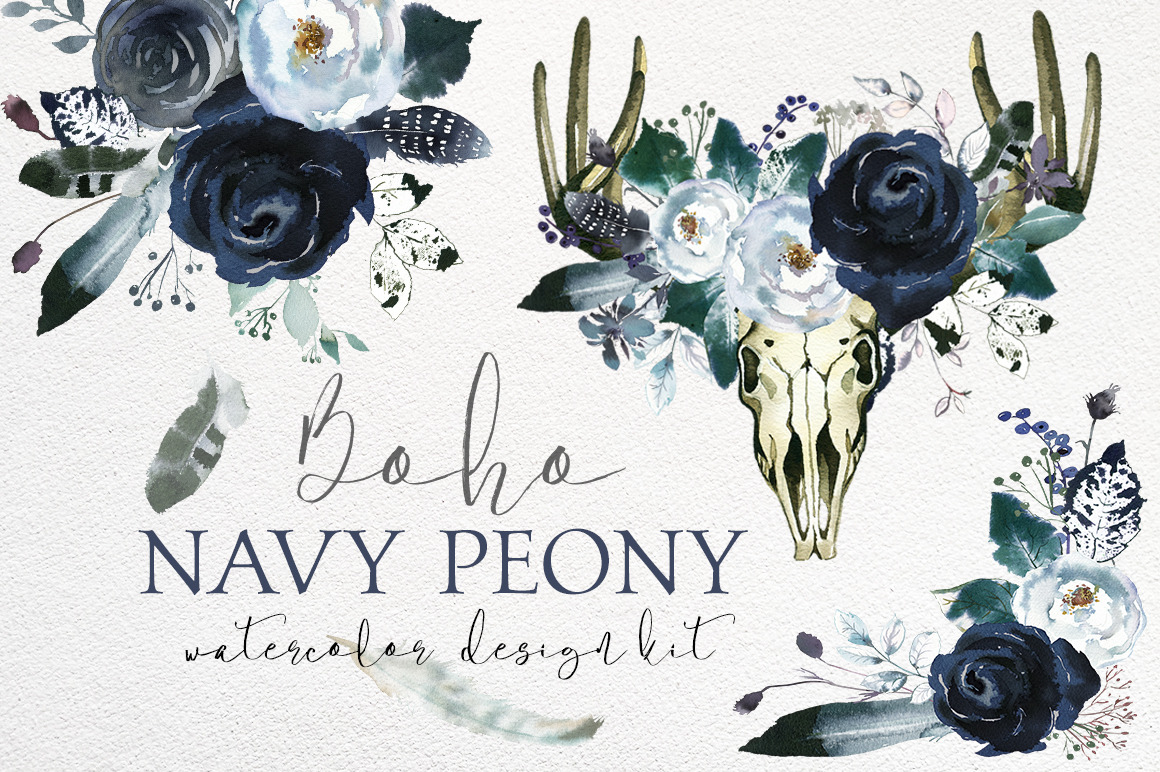 Boho Navy Peony Floral Design Kit ~ Illustrations ...