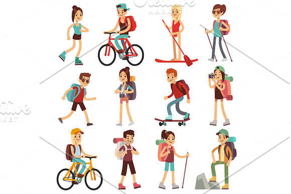 Travel Happy People Hiking Outdoor Actives Vector Flat Characters Set