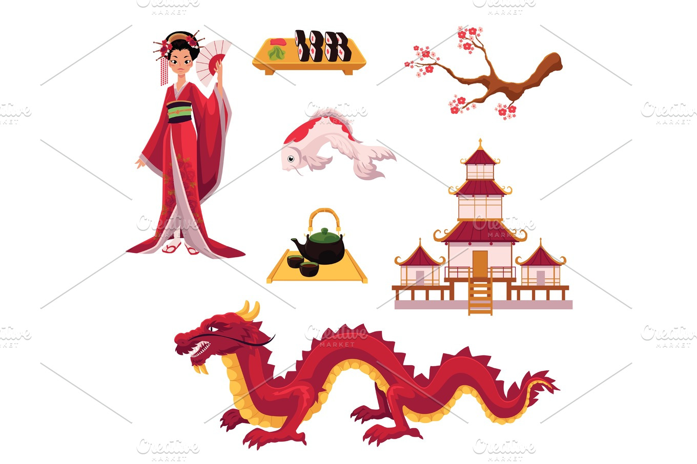 Set of cartoon  Japanese culture elements symbols 