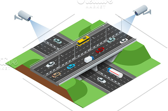 Security Camera Detects The Movement Of Traffic CCTV Security Camera On Isometric Of Traffic Jam With Rush Hour
