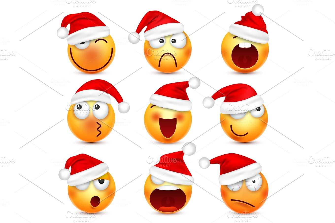 Smiley,emoticon set. Yellow face with emotions and Christmas hat. New Year, Santa.Winter emoji ...