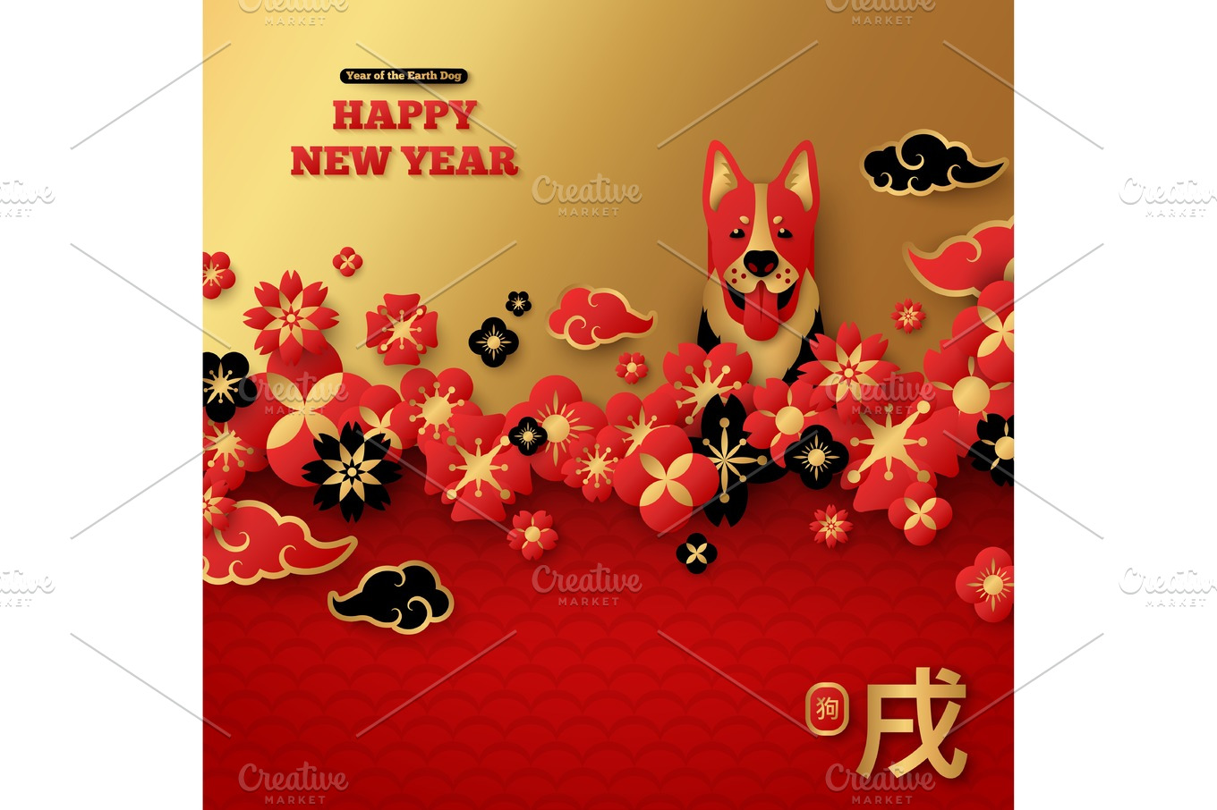 2018 Chinese New Year Greeting Card with Floral Border ~ Illustrations ~ Creative Market1360 x 906